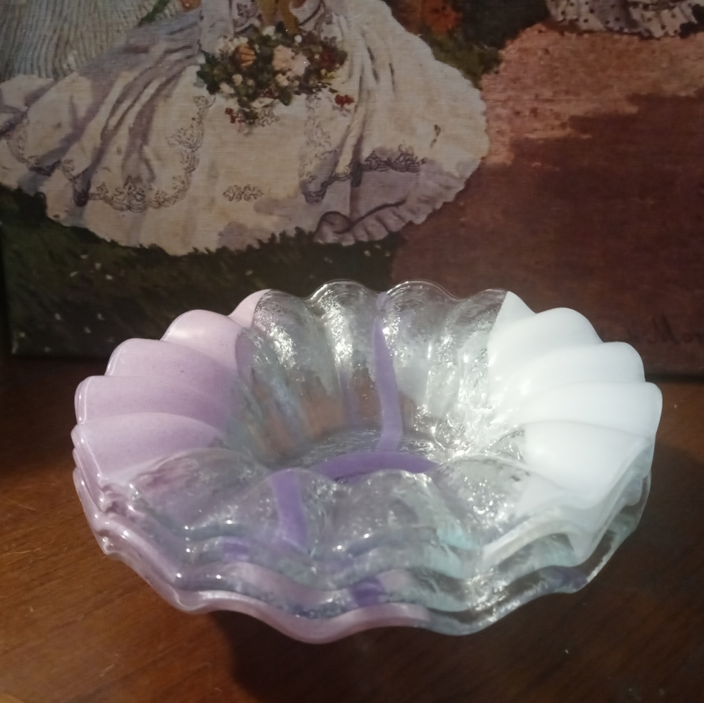 Murano 4 Opalescent Glass Dish ๐๐๐๐ซScalloped Edge Vintage,Nice Gift. - Picture 7 of 15